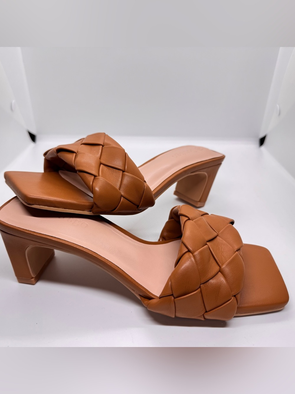 Braided Leather-Effect Slide Mules in Cognac